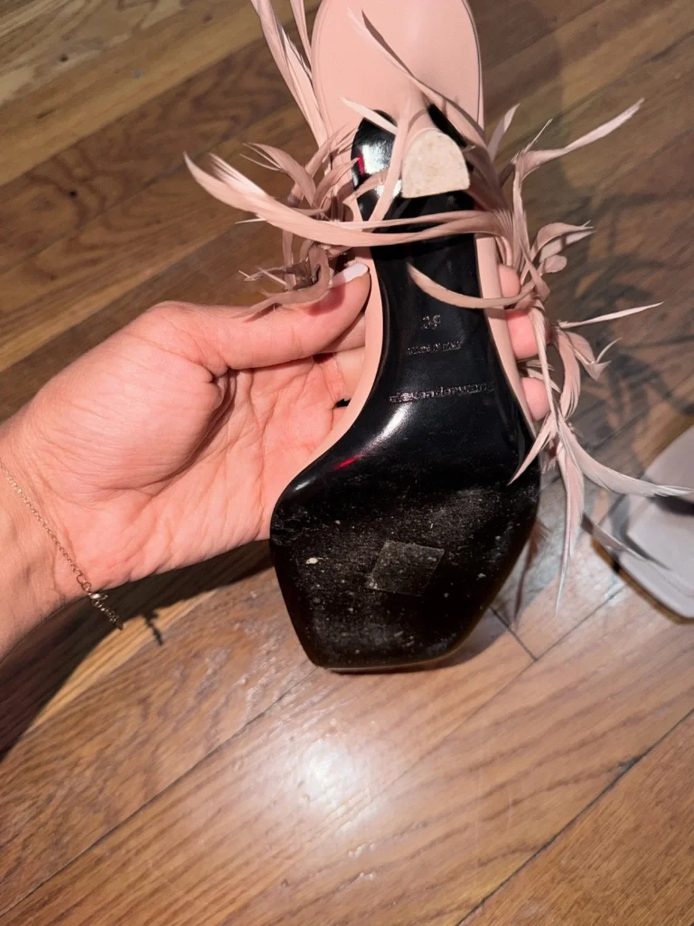 Alexander Wang Ivy Feather Sandal Nude Pink Square-Toe Mules Heels Size 39 - Picture 5 of 8